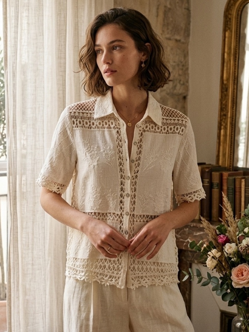 NWOT Zara ZW Collection Combination Crochet & Embroidery Blouse - Size M